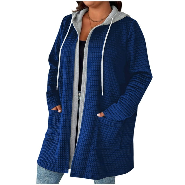 Manches Longues pour Femmes, Mode Décontractée Couleur Unie Grande Taille Ample à Capuche Manches Longues Sans Boutons avec Poches Patchwork, Manches Longues pour Femmes