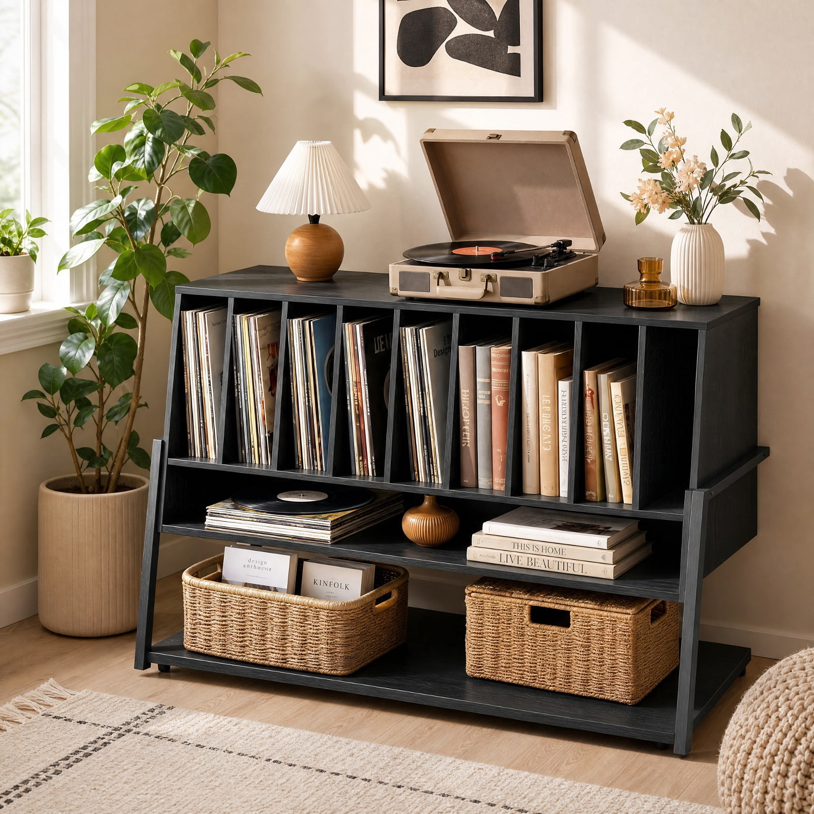 Furnibear Turntable Stand with Charging Station Vinyl Storage Shelves and Locking Wheels for Living Room Record Player Setup, Black