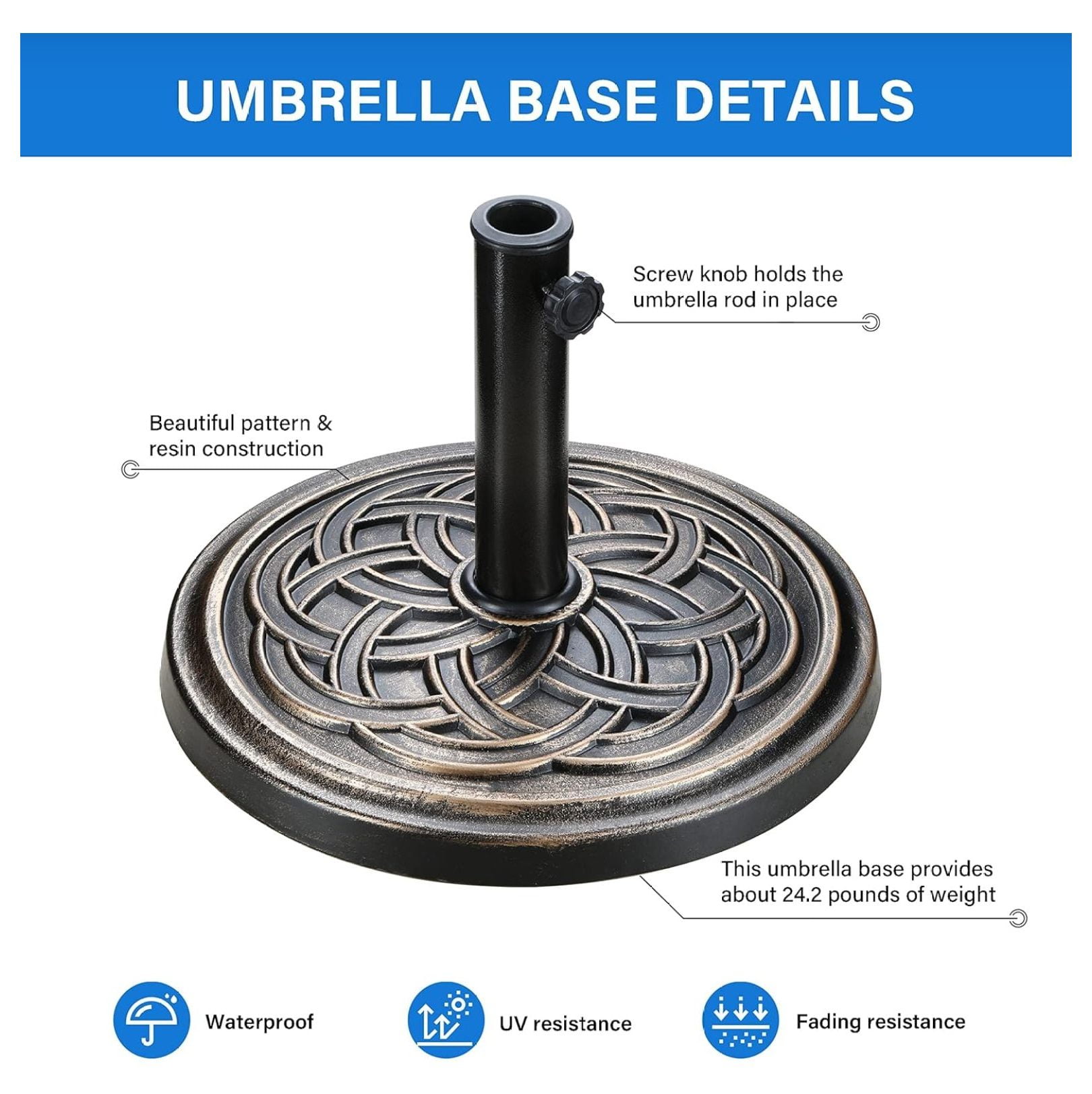24.2 lbs 17.72" Market Umbrella Base Heavy Duty Round Stand for Patio Outdoor, Deck, Bronze
