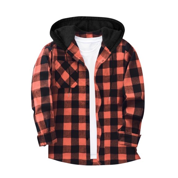 SYMOID Mens Pink Plaid Hooded Shirt - Long Sleeve Polyester Cotton Blend, with Button-Down Front & Chest Pocket, Drawstring Hood, Sizes M-XXXL,Size 3XL