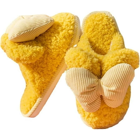 

CoCopeaunt Women Bow Slippers Plush Faux Fur Winter Bedroom Slide Comfort Memory Foam Shoes
