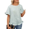 thumbnail image 2 of Women'S Round Neck Half-Sleeve Striped Loose Casual Shirt Ruffled Tops Green Stripes L, 2 of 7
