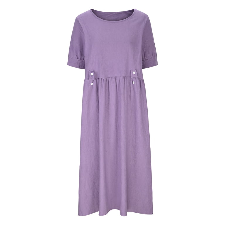 Efsteb Short Sleeve Dresses for Women Ruched Cotton Linen Dress Casual Resort Dress Solid Color Loose Fit Spring Crew Neck ,Size:14