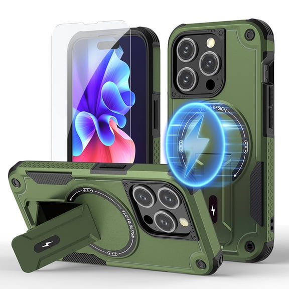 ELEHOLD for iPhone 15 Plus Armor Case,Hybrid Hard PC Silicone Magnetic Rugged Stand Cover Compatible with Mag Safe Accessories Heavy Duty Shockproof Protective with Screen Protector,Armygreen