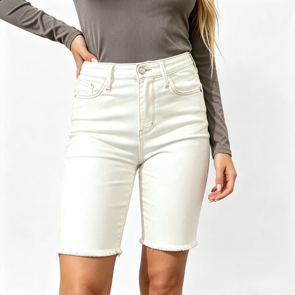 Women's High Waisted Stretch Denim Bermuda Shorts, Off-White Cream, with Raw Frayed Hem and Contrast Stitching, Summer Casual Bottoms