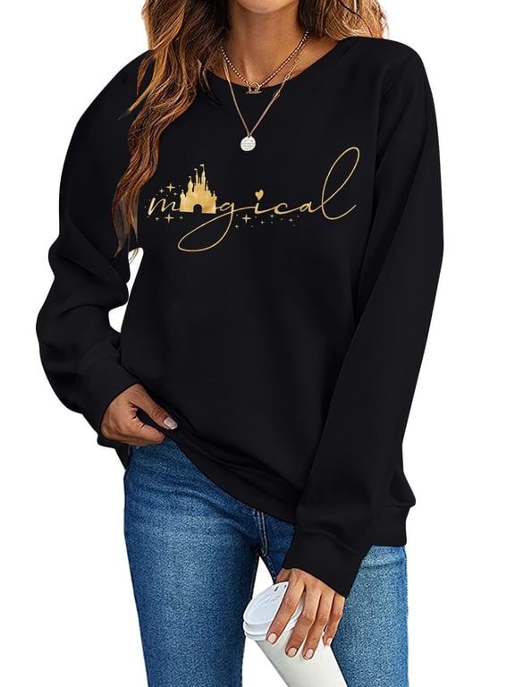 Women Magic Kingdom Sweatshirts Castle Graphic Crew Neck Long Sleeve Family Vacation Pullover Tops