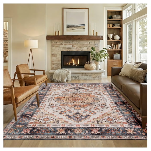 Area Rug 5x7 Boho Washable Rug Non-Slip Medallion Carpet Living Room Bedroom Tawny Brown
