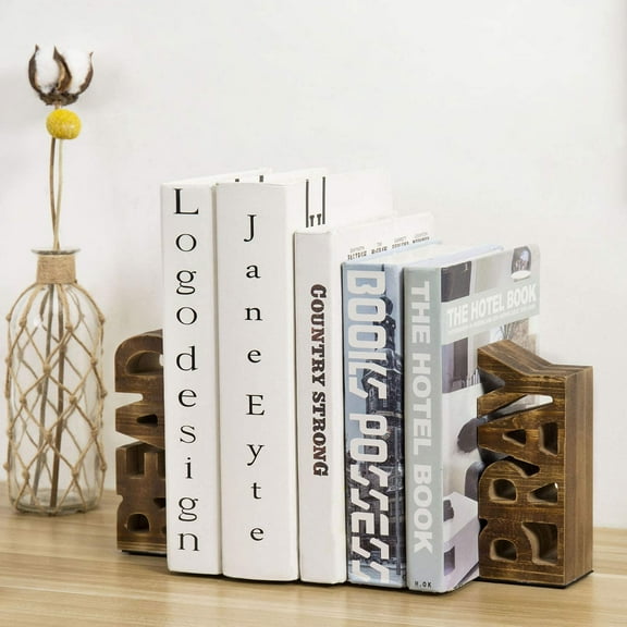 MyGift 2 Piece Rustic Burnt Wood Tabletop Bookends, Brown