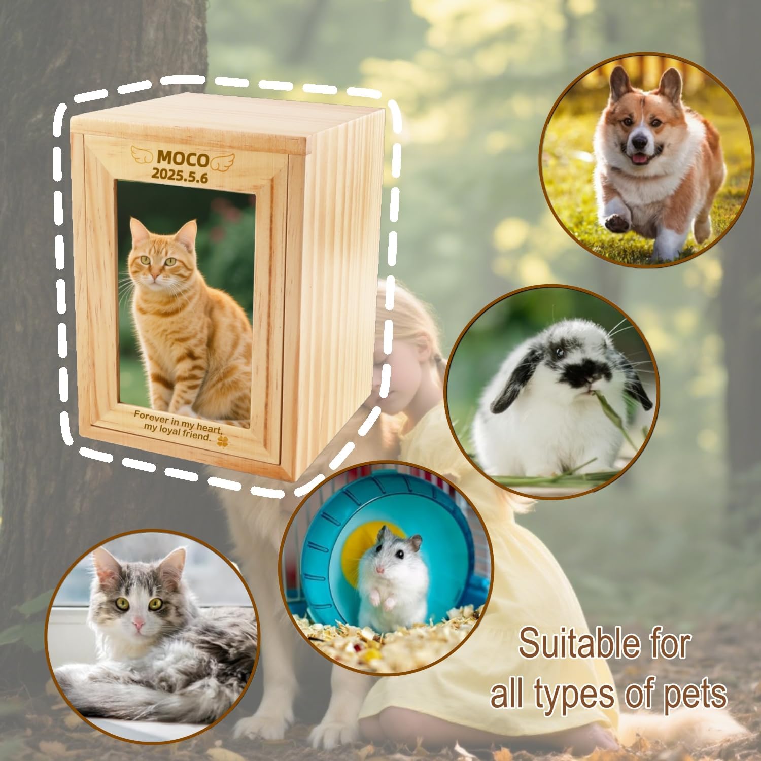 Personalized Pet Urns Box for Ashes - Handcrafted Pine Wood Memorial Box with Acrylic Photo Frame Custom Engraved Name & Message for Dog Cat Pet Funeral Cremation Urn Keepsake Pet Memorial Gift