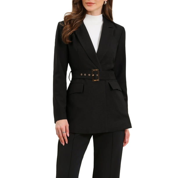 BLAZER DE TRABAJO CHIC INSPIRADO PARA MUJERES, MANGA LARGA, CON CUELLO, ELEGANTE, CASUAL, CHAQUETA DE TRAJE CON CINTURÓN, NEGRO