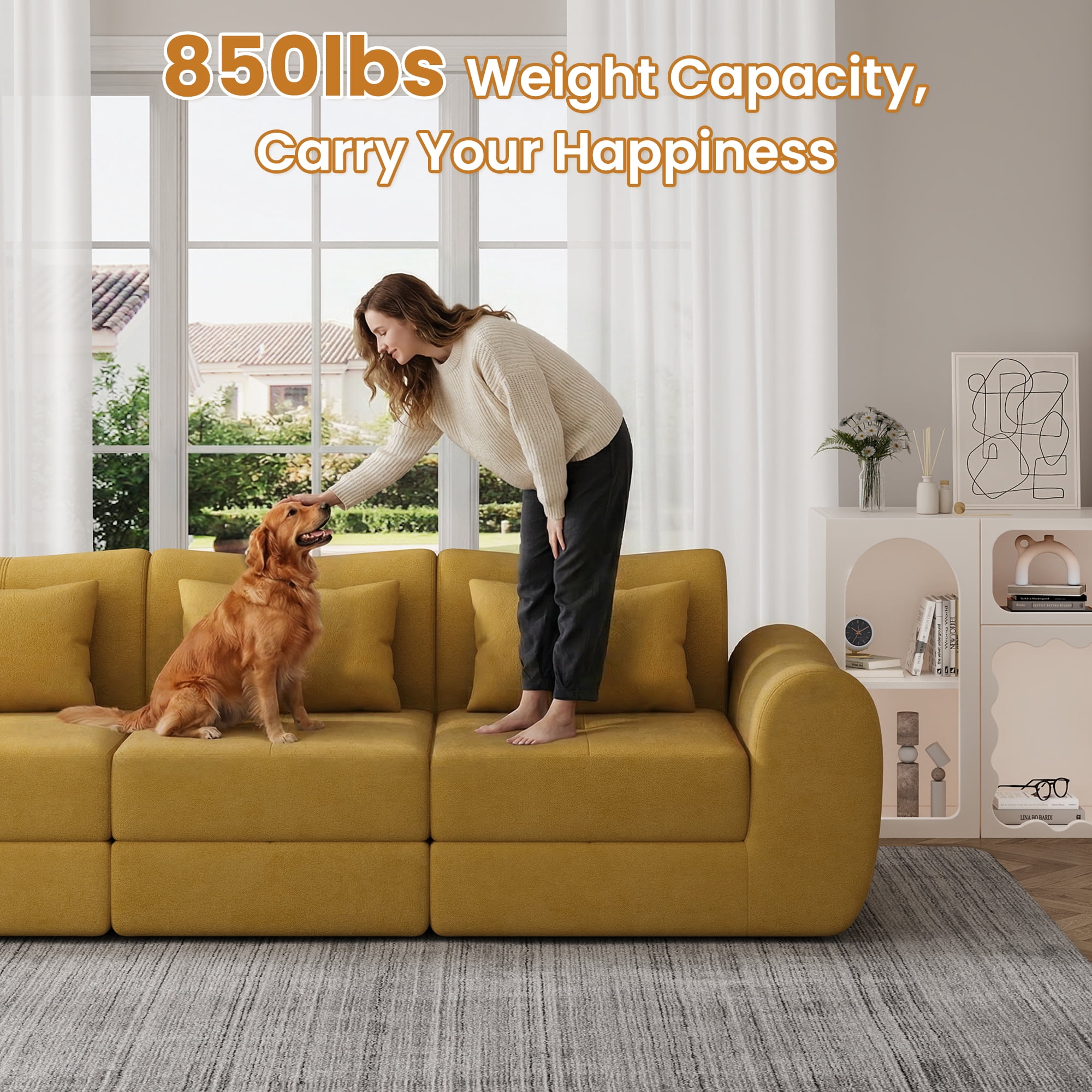 102" Cloud Sofa, 4-in-1 Folding Sofa Bed, Floor-Standing Boneless Couch, Futon Sofa Bed for Living Room, Modular Cloud Sectional Couch with Deep Seat for Living Room(Yellow)