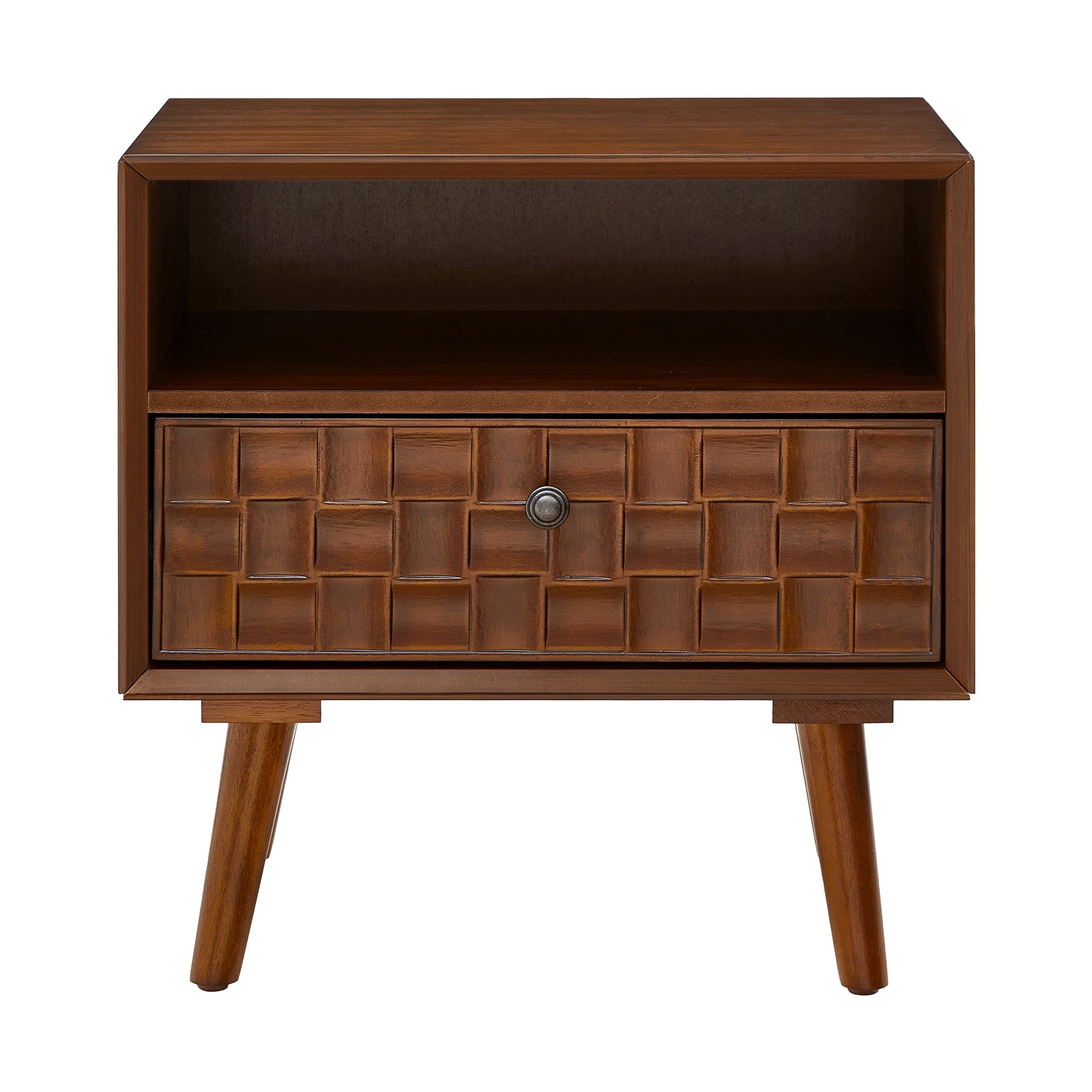 22-Inch Mid-Century Nightstand with Carved Geometric Drawer and Open Shelf, Wood Bedside Table and End Table for Small Spaces, Walnut