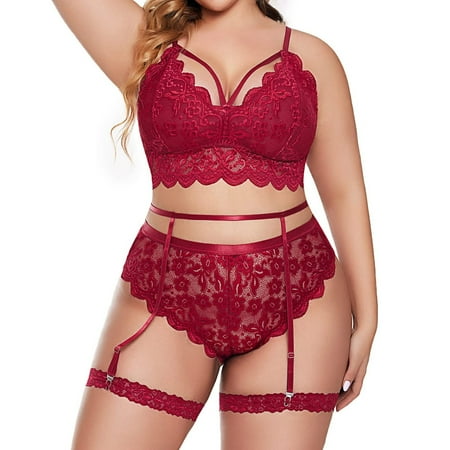 

kakina CMSX Clearance Plus Size Lingerie Sets For Women Sexy Lace Floral Scallop Trim Sling Bras And Panties Summer Thin Underwear Red XL