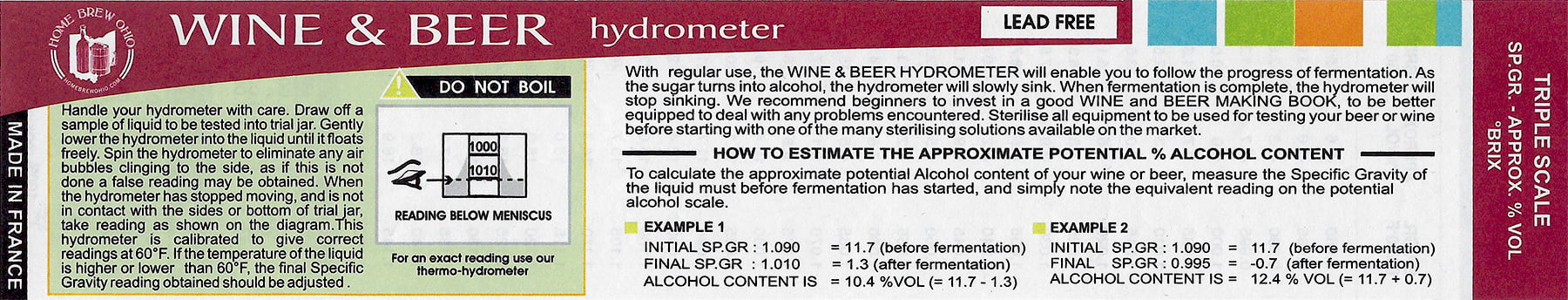 Berrywho Hydromètre pour Fabrication de bière Triplescale Vin & Bière Homebrew Home Brew Maison 