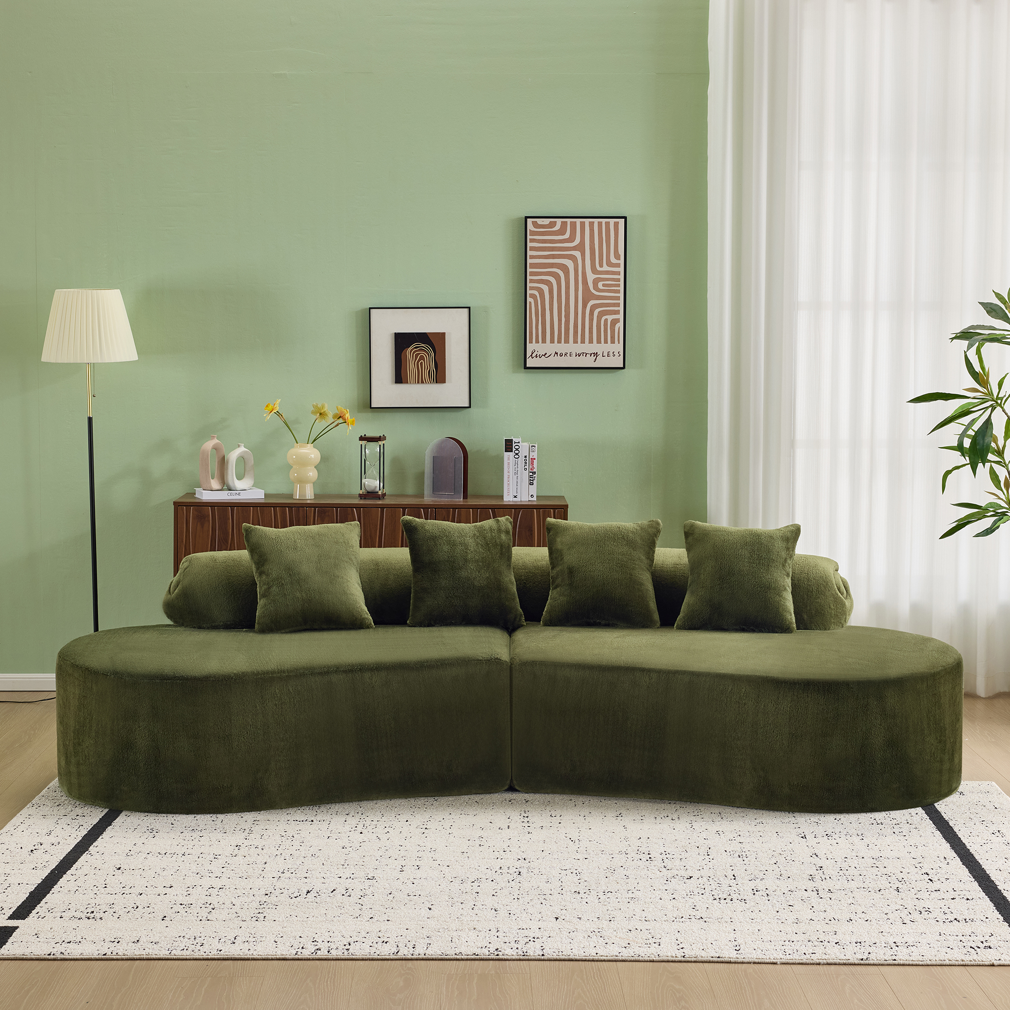 Modular Sofa, Green Curved Plush Sectional with Foam Spring Support, 111-Inch Multi-Seat Sleeper for Living Room and Small Spaces