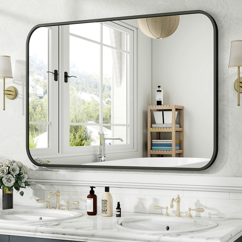 Easy4Home 40"x30" Rectangular Bathroom Mirror Hanging Rounded Corners Vanity Mirror Wall Mounted, Black