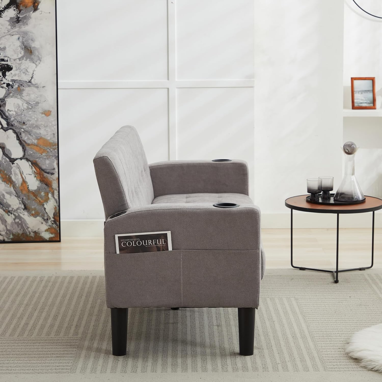 LAZZO 62" Mid-Century Modern Loveseat Sofa, Faux Leather Tufted Compact Couch with USB Ports & Cupholders, Light Gray