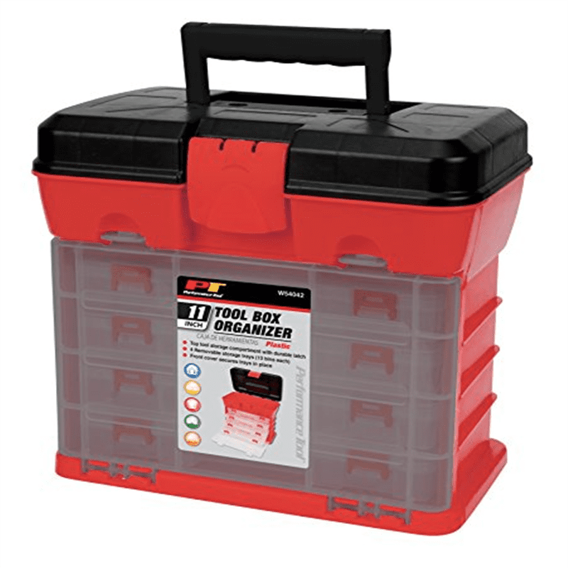 WORKPRO 17-inch Plastic Tool Box 18 Adjustable Compartments for Sockets Crafts and Power Tools Red Storage Box with Locking Lid and Stainless Steel Handle