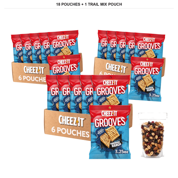 Cheez-It Grooves Cheese Crackers, Zesty Cheddar Ranch, 18 Pouches with 1 Bybies Trail Mix Pouch, 2 oz