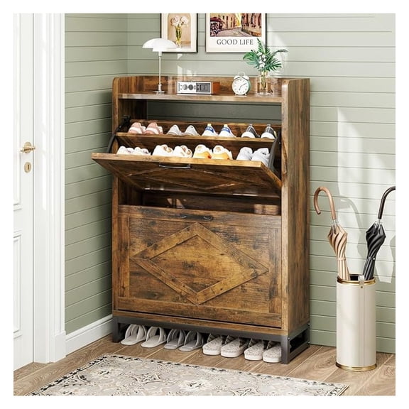 Shoe Cabinet, Shoe Storage Cabinet with 2 Drawers & Adjustable Shelf, Space-Saving Shoe Organizer – Holds 12  Pairs, Narrow Shoe Cabinet Storage for Entryway/Hallway（Brown）