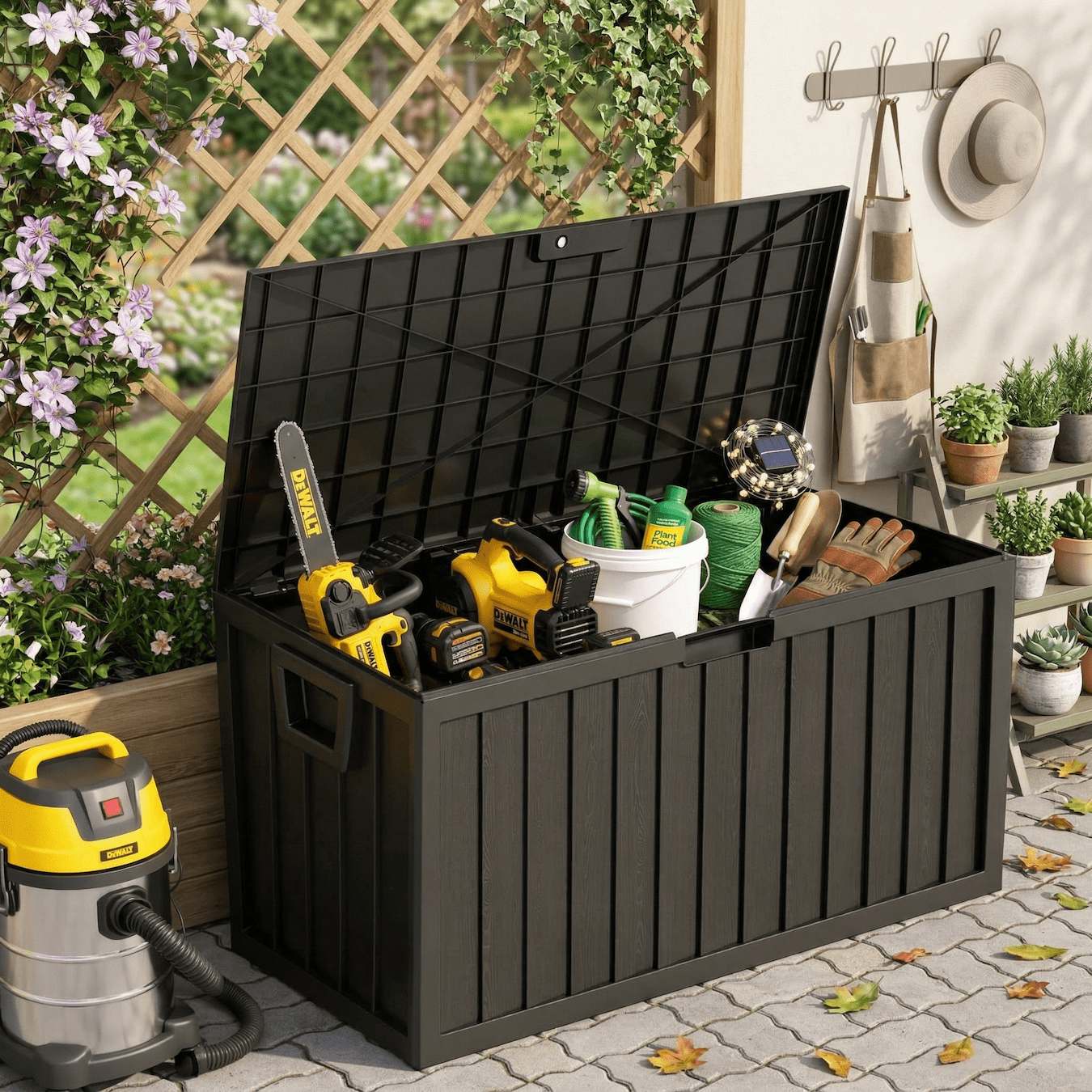 75 Gallon Outdoor Storage Box, Waterproof Lockable Deck Box, Heavy Duty Patio Cushion Storage Bin with Wheels & Seat, Resin Outdoor Storage for Garden Tools, Pool & Backyard – Black