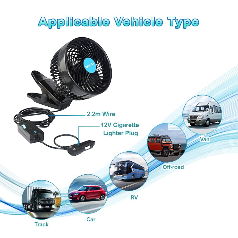 Yerloa 6‘’ 12V Car Fan Auto Cooling Fan Vehicle Clip Fans, Low Noise 360 Degree Rotating Step-less Speed Car Fans with Adjustable Clip & Cigarette Lighter Plug for Vehicle Truck RV SUV Boat-2026 NEW