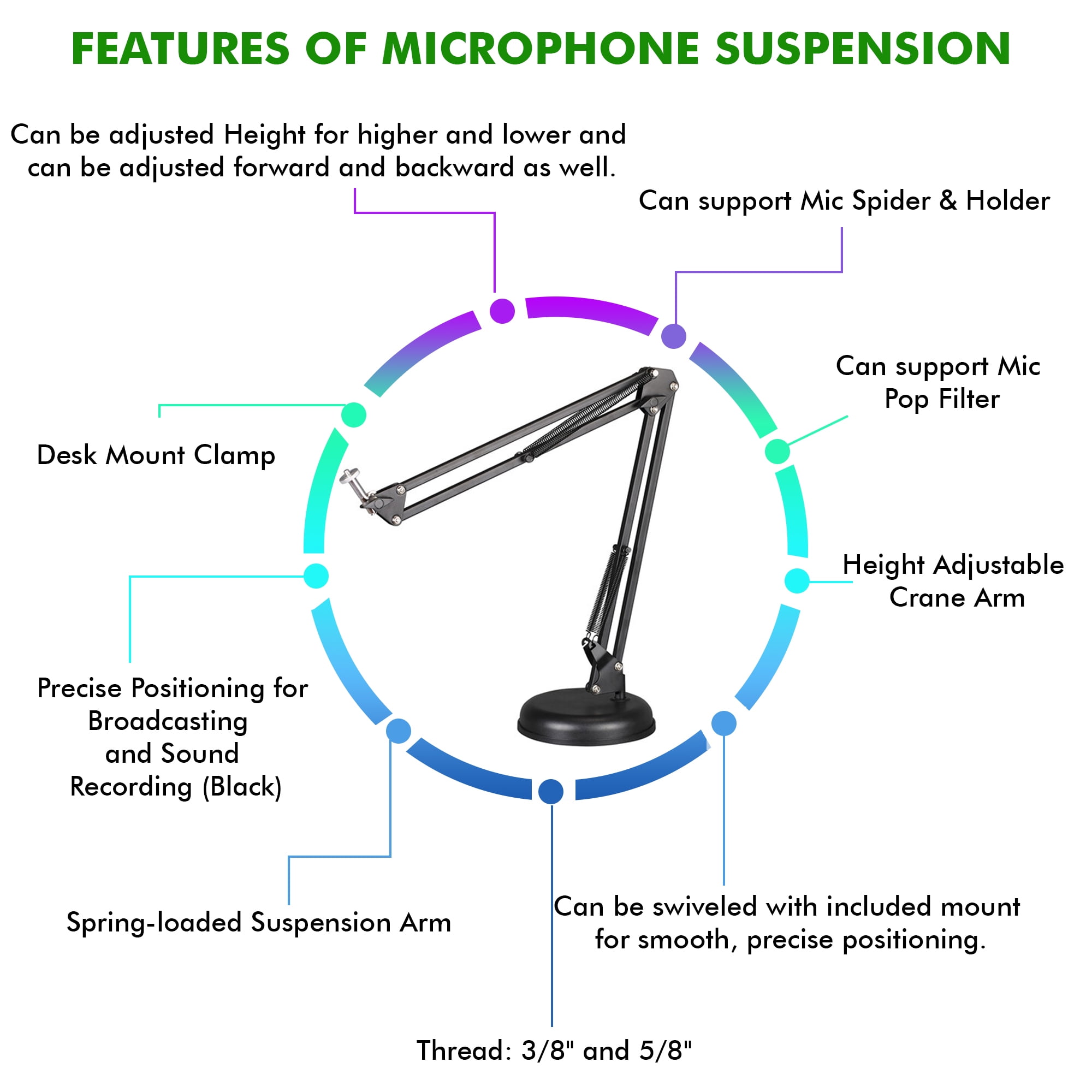 Technical Pro Microphone Suspension Crane Arm Adjustable Steel Height 20.9in