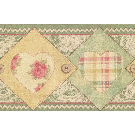 879681 Sewing Heart Patch Button Lace Wallpaper Border 7055-031b
