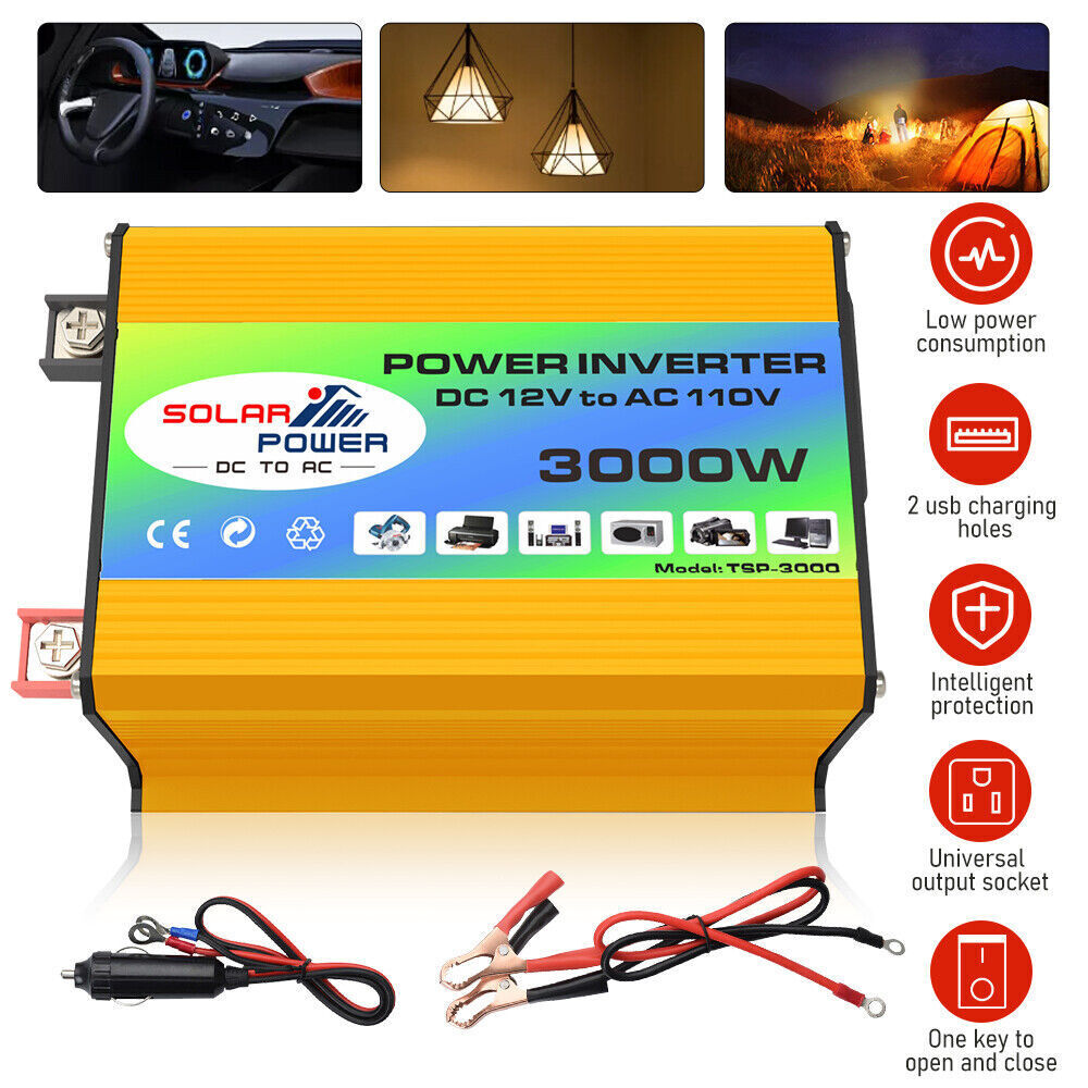 3000W Car Power Inverter DC 12V To AC 110V Sine Wave Solar Converter Dual USB US