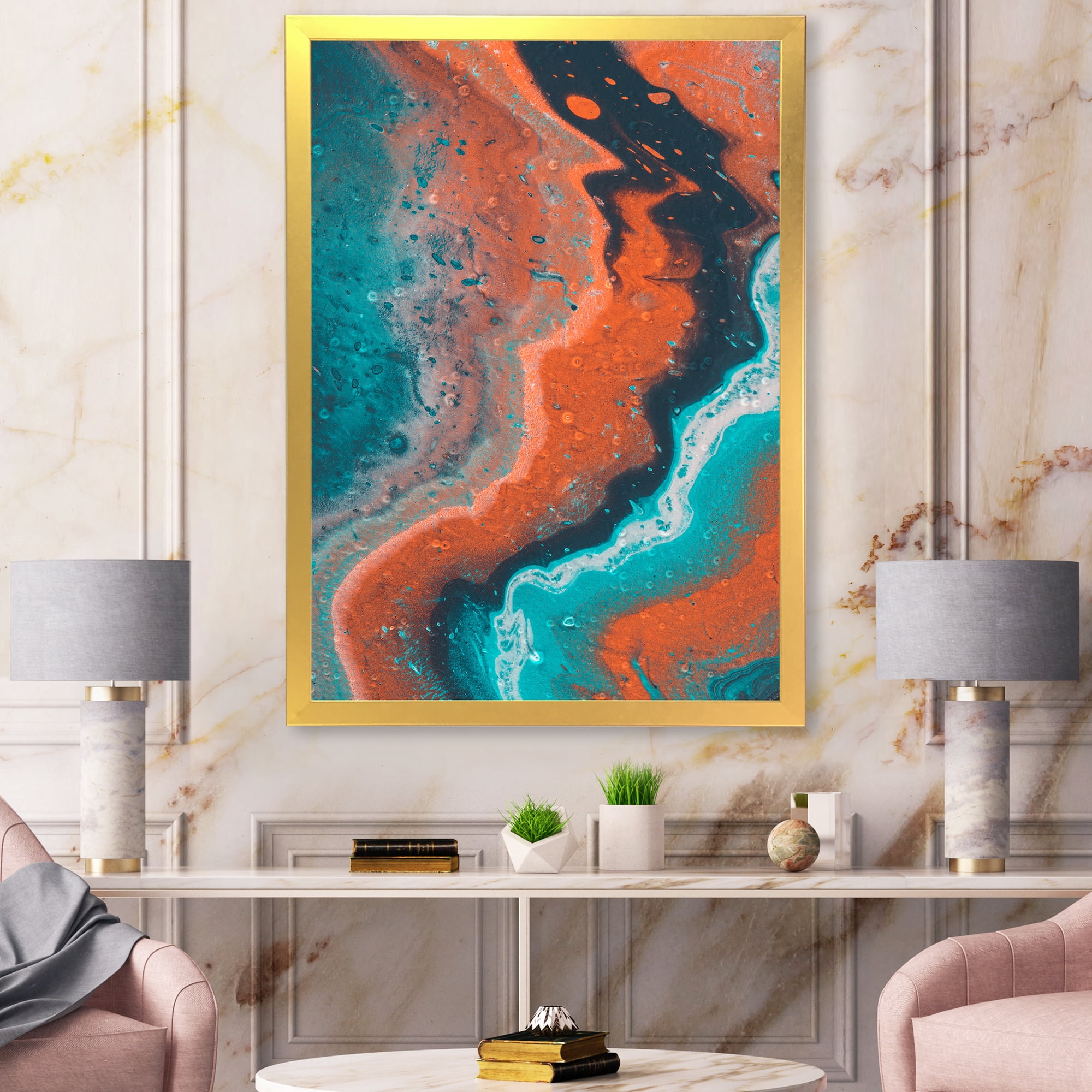 Designart 'Abstract Marble Composition In Orange and Blue I' Modern Framed Art Print