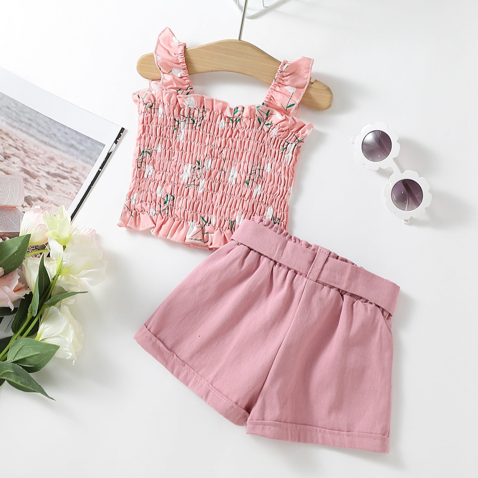 2pcs Baby Girl Striped Ruffle-sleeve Twist Knot Crop Top and Shorts Set