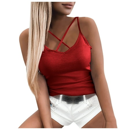 

CYMMPU Women Clothing Women s Cropped Tank Sexy Bustier Slim Fit Crop Tops Sleeveless Streetwear Cami Vest Summer Shirts Cross Criss Tank Red