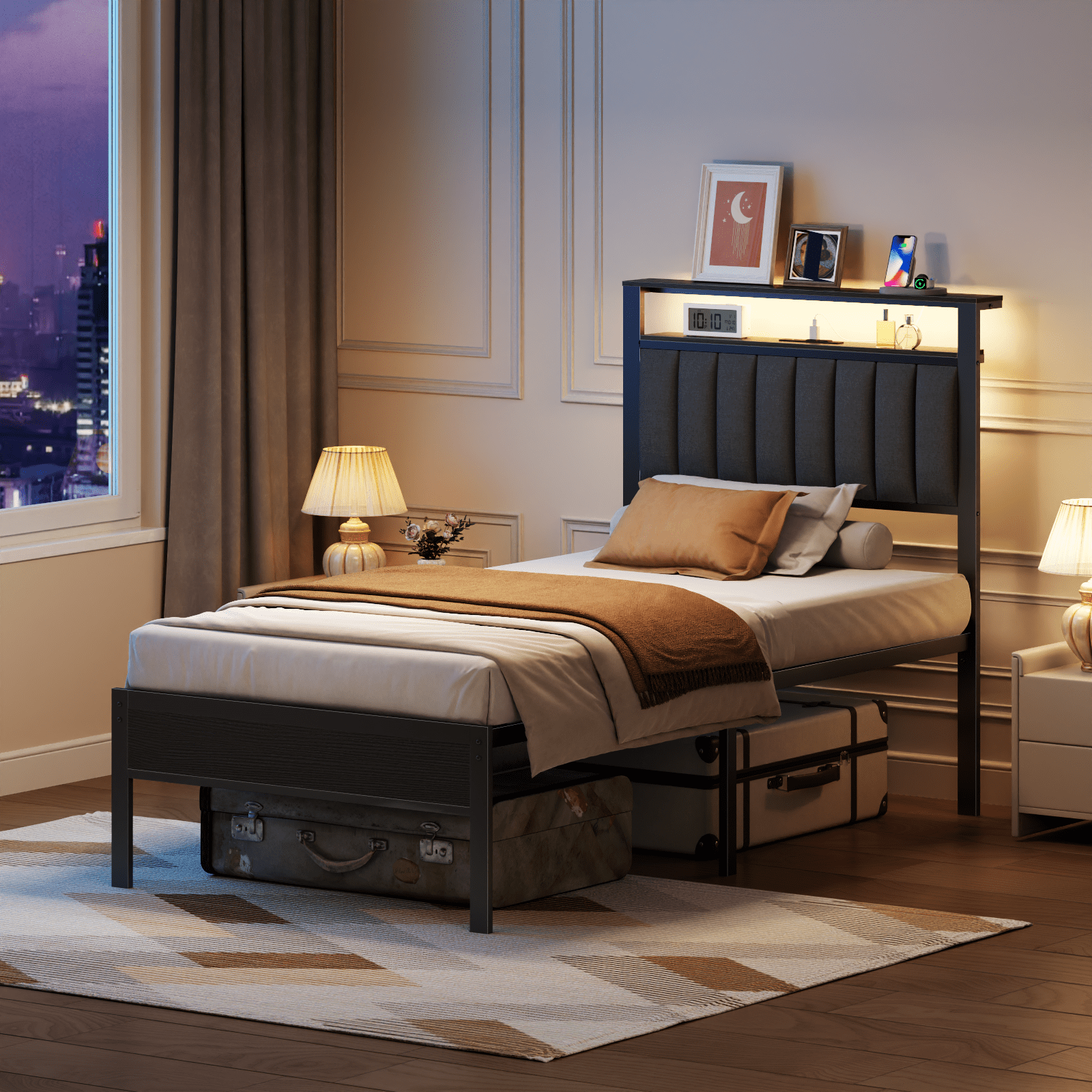 Glozzt Twin LED Bed Frame with Smart RGB Lights, Headboard Charging Station, Versatile Storage Solution, Comfortable Upholstered Backrest, No Box Spring Needed