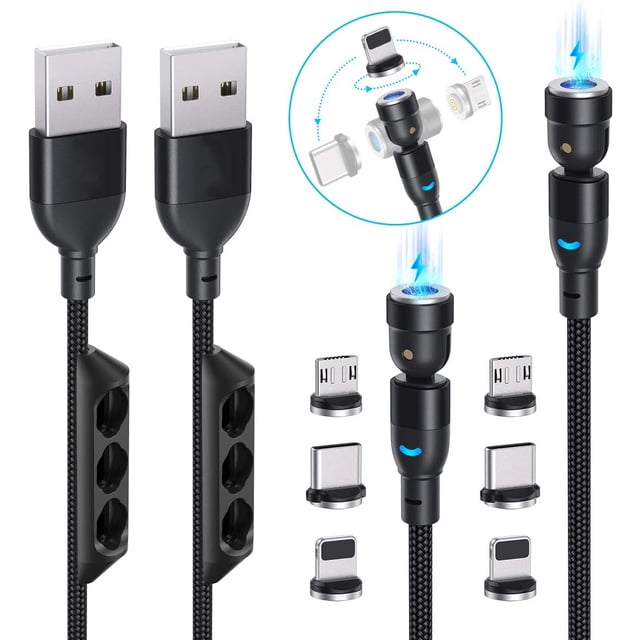 540 Degree Magnetic Charging Cable Nylon Braided 3A Fast Charge Magnetic Data Cable Universal 3 in 1 Magnet Phone Charger Compatible with Micro USB, Type C, i-Product Devices 6ft 3Pack