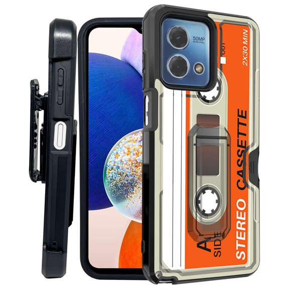ANJ  Rugged Shockproof Kickstand Hybrid Case with Card Slot and Holster   Tempered Glass Cover for Motorola Moto G Stylus 5G (2023) - Retro Cassette 2