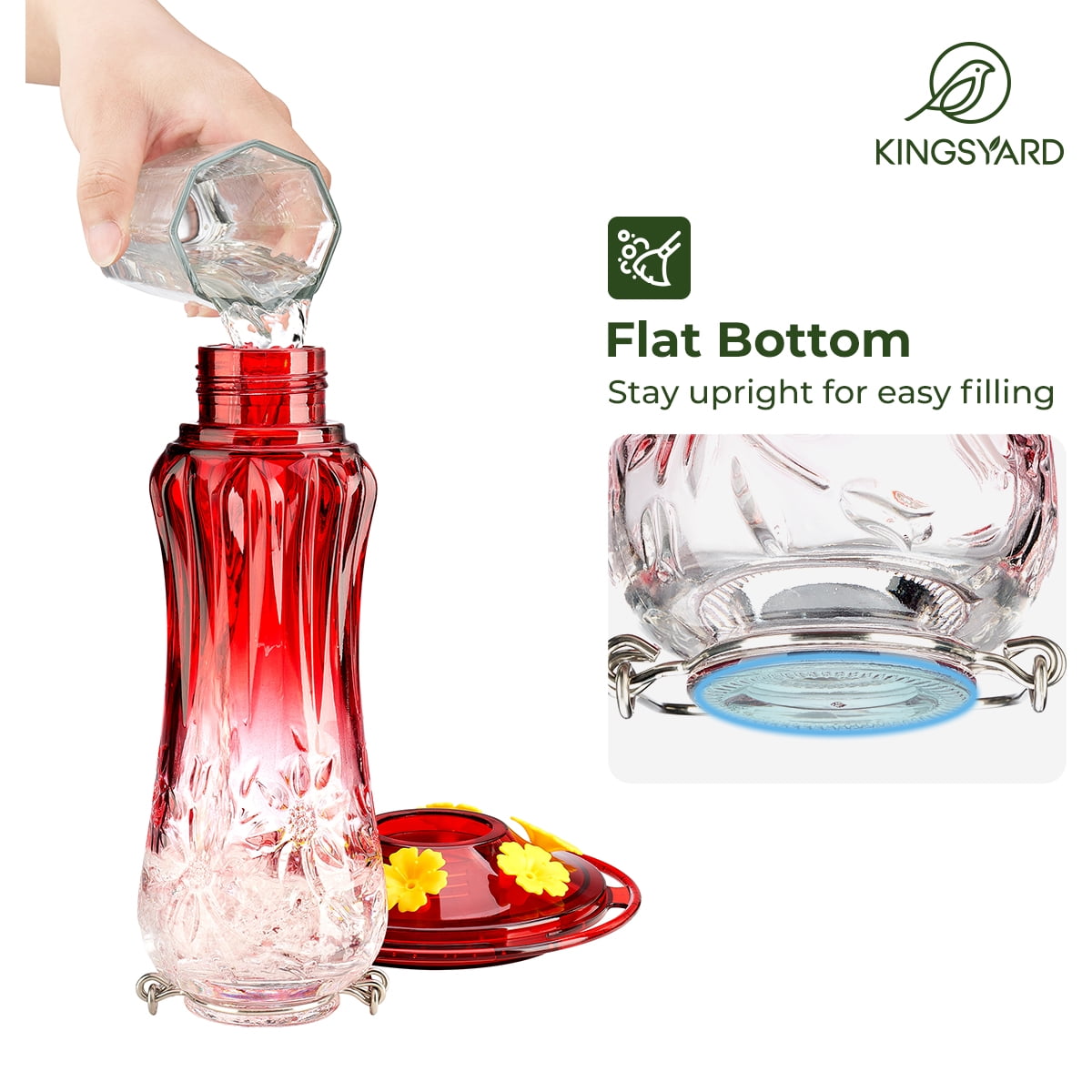 Kingsyard Hummingbird Feeder for Outdoors Hanging, 25 Ounces Leak Proof, Glass Humming Bird Nectar Feeder with Ant Moat & 6 Bee Guard Feeding Ports, Red Gradient
