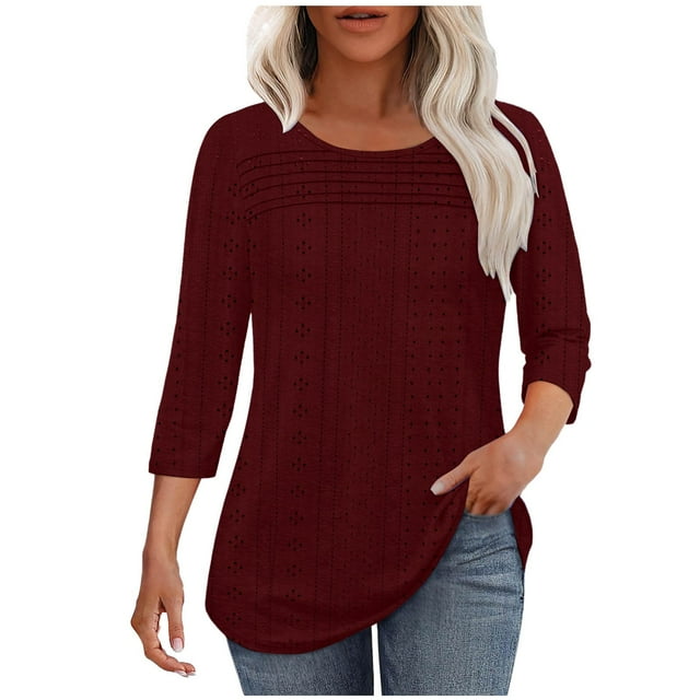 Plebaso Hauts à Manches 3/4 pour Femmes Col Rond Tunique Décontractée Légère Tee-Shirts Ajourés