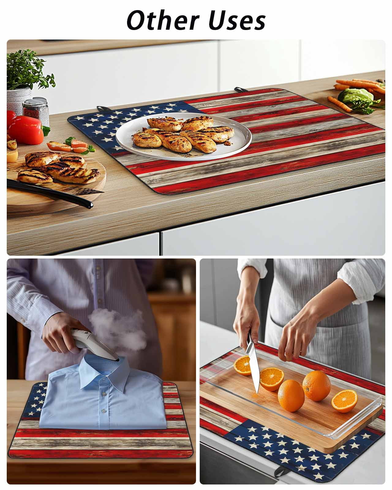 Stove Top Covers for Electric Stove, Vintage American Flag Glass Stovetop Cover Protector, Blue Star Red Striped Wooden Induction Cooktop Protector Oven Mat for Kitchen Countertop 24"x21"