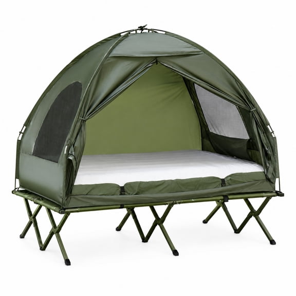 Noaman 4-in-1 2 Person Outdoor Elevated Camping Cot Tent Setup with Air Mattress, Foot Pump, Bedspread and Wheeled Carry Bag, Dark Green