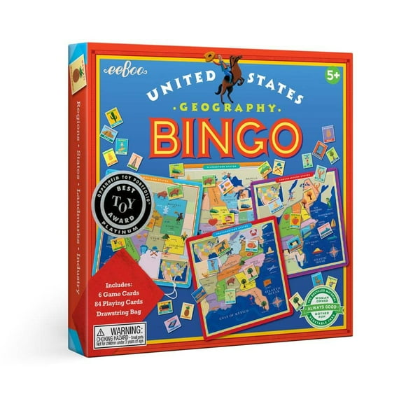 eeBoo: United States Geography Bingo Game for 2 to 6 Players Includes 6 Game Cards 84 Playing Cards & Drawstring Bag for Ages 5 and up