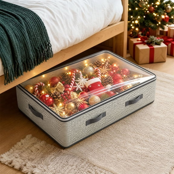 Under-Bed Christmas Storage Bag, Clear Top Zippered Organizer Container for Holiday Ornaments Decorations Storage