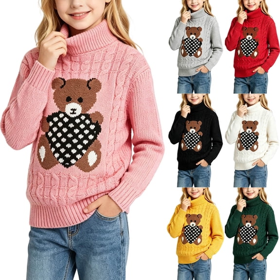 Daiosportswear Girls Teddy Bear Sweater Cable Knit Turtleneck Long Sleeve Chunky Pullover Yellow