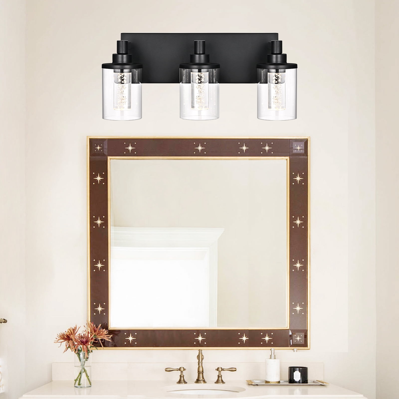 Melucee 5CCT Dimmable LED Black Vanity Lights 3-light, Modern Vanity Lighting Fixtures with Crystal Light Columns and Clear Glass for Bathroom Bedroom