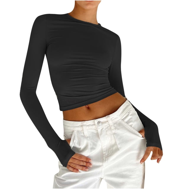 Dealovy Long Sleeve Shirts for Women Crew Neck Basic Tight Crop Tees Solid Color Slim Fitted Undershirts