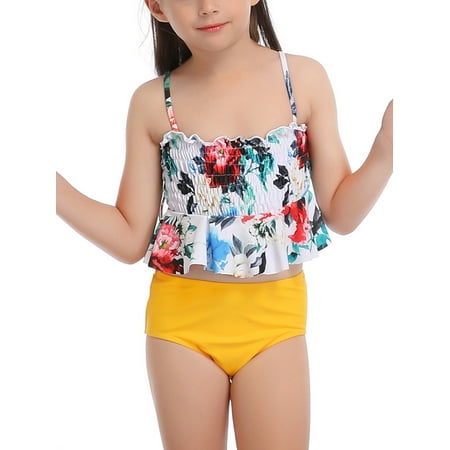 

Dewadbow Kids Toddler Girl Swimsuits Floral Ruffles Halter Bikini Swimwear