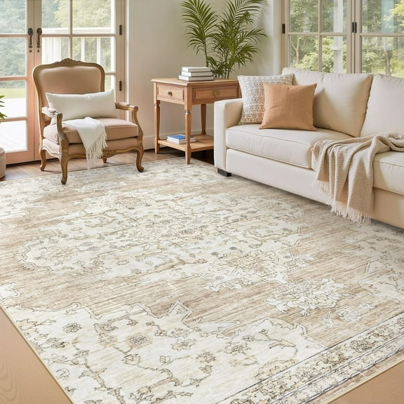 5x8 Area Rugs Washable Rug: Large Vintage Living Room Rug with Non-Slip Backing Low Pile Rugs Soft Indoor Floor Thin Carpet Non Shedding Neutral Carpets for Bedroom Dining Room Farmhouse Nursery Beig