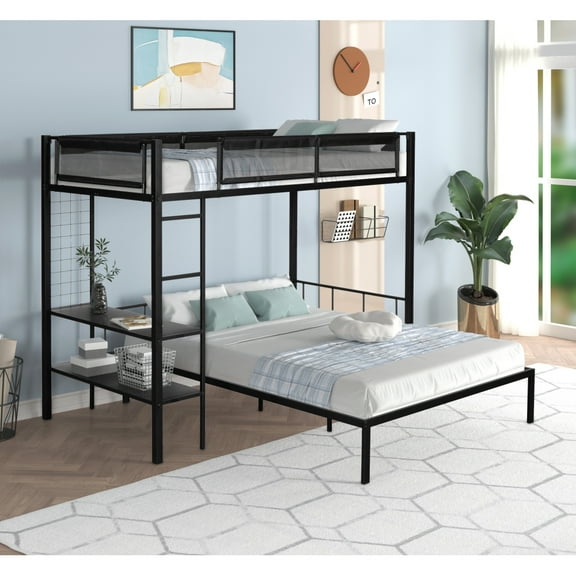 Tcbosik Twin Over Full Size L-Shaped Bunk Bed with Open Shelves and Grid Panel, Full-Length Guardrail and Built-in Ladder, Metal Frame and Wood Slats, Black