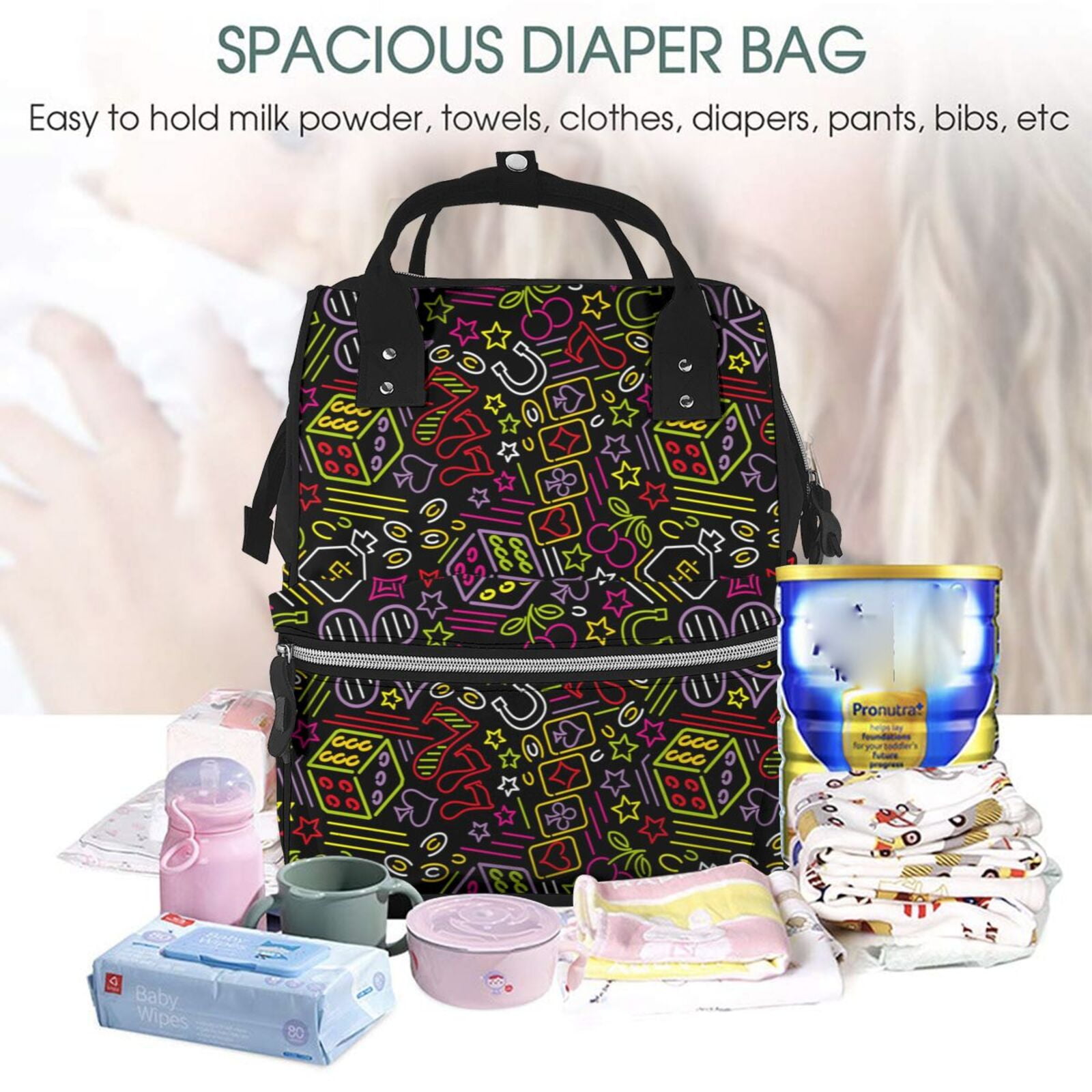 Ratiio Casino Icons Mummy Backpack - Waterproof Twill Canvas, Large Capacity Diaper Bag with Multiple Pockets and Adjustable Straps