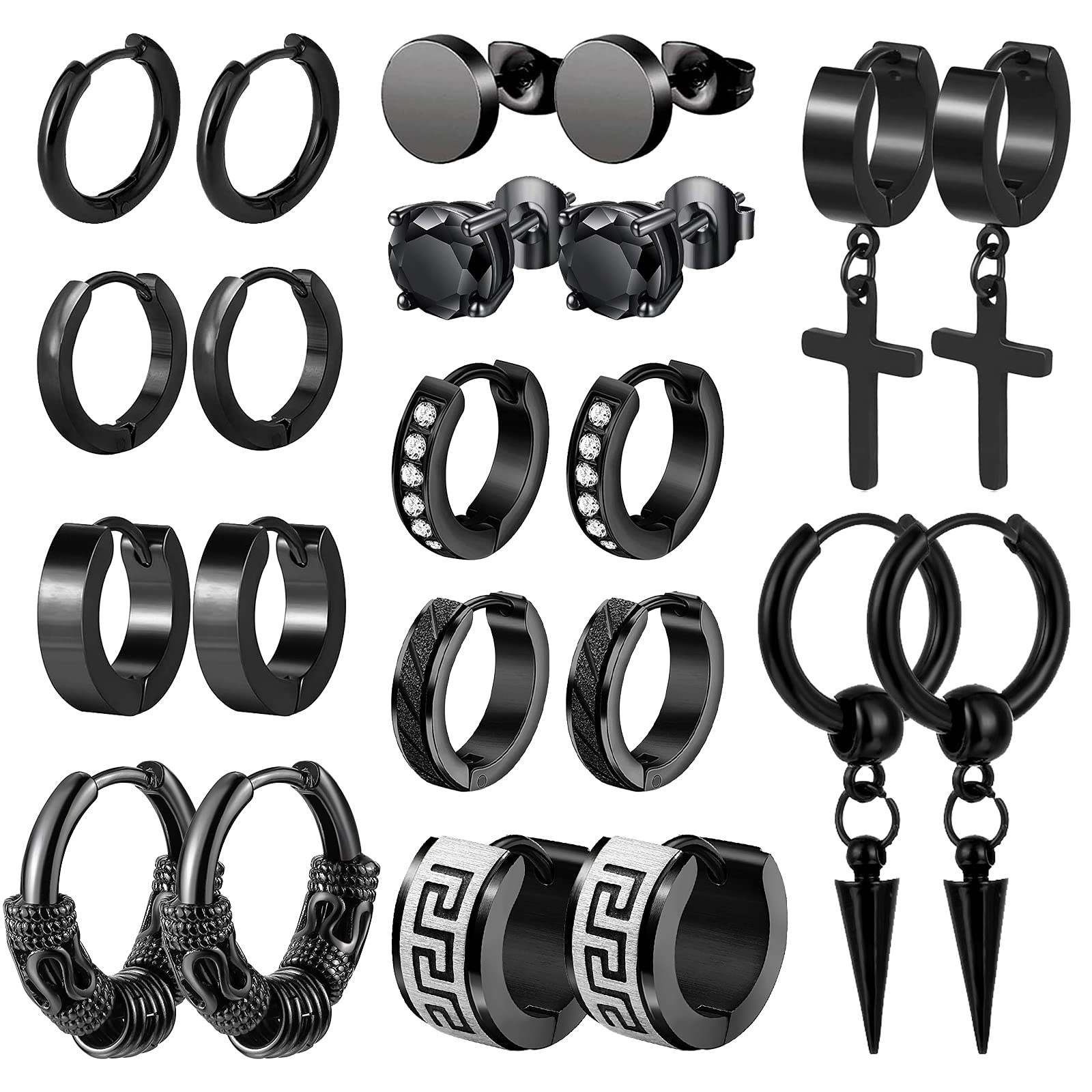 11 Pairs Earrings for Men Black Stud Earrings Mens Earrings Black Hoop Earrings Stainless Steel