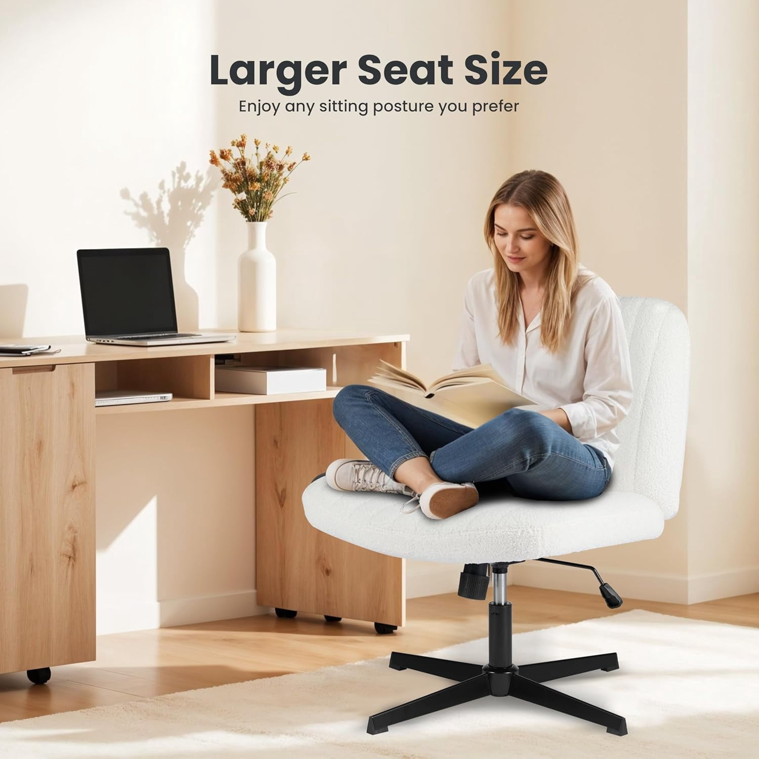QUIOCOZY Wide Criss Cross Leg Chair, Swivel Office Desk Chair, Adjustable Faux Fur Computer Task Chair, Comfy Armless Vanity Makeup Chair without Wheels for Home & Office